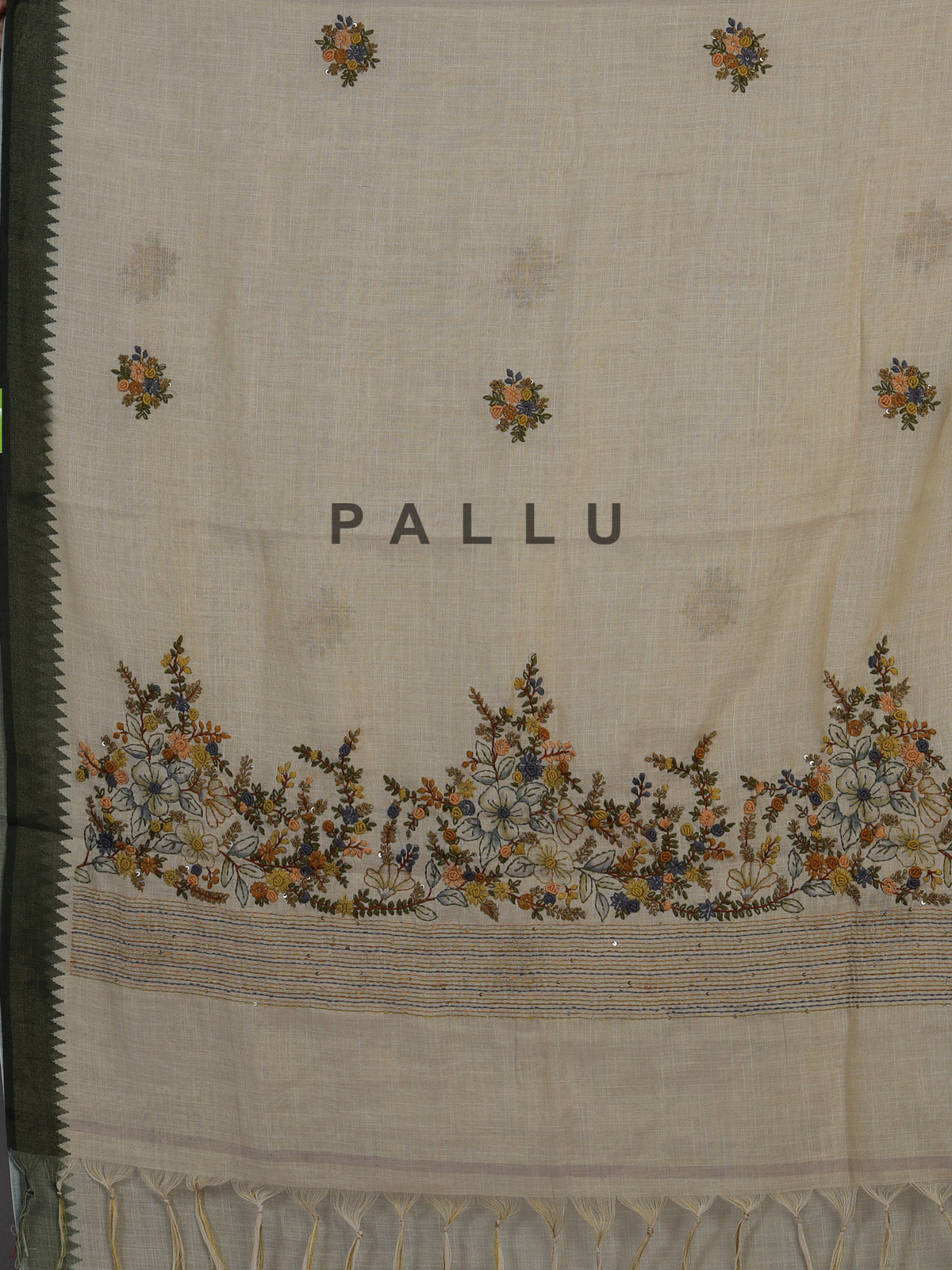 Cream cotton saree with floral threadwork and contrast border
