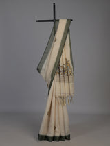 Cream cotton saree with floral threadwork and contrast border