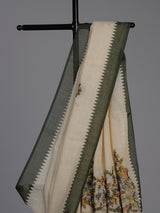 Cream cotton saree with floral threadwork and contrast border