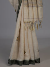 Cream cotton saree with floral threadwork and contrast border