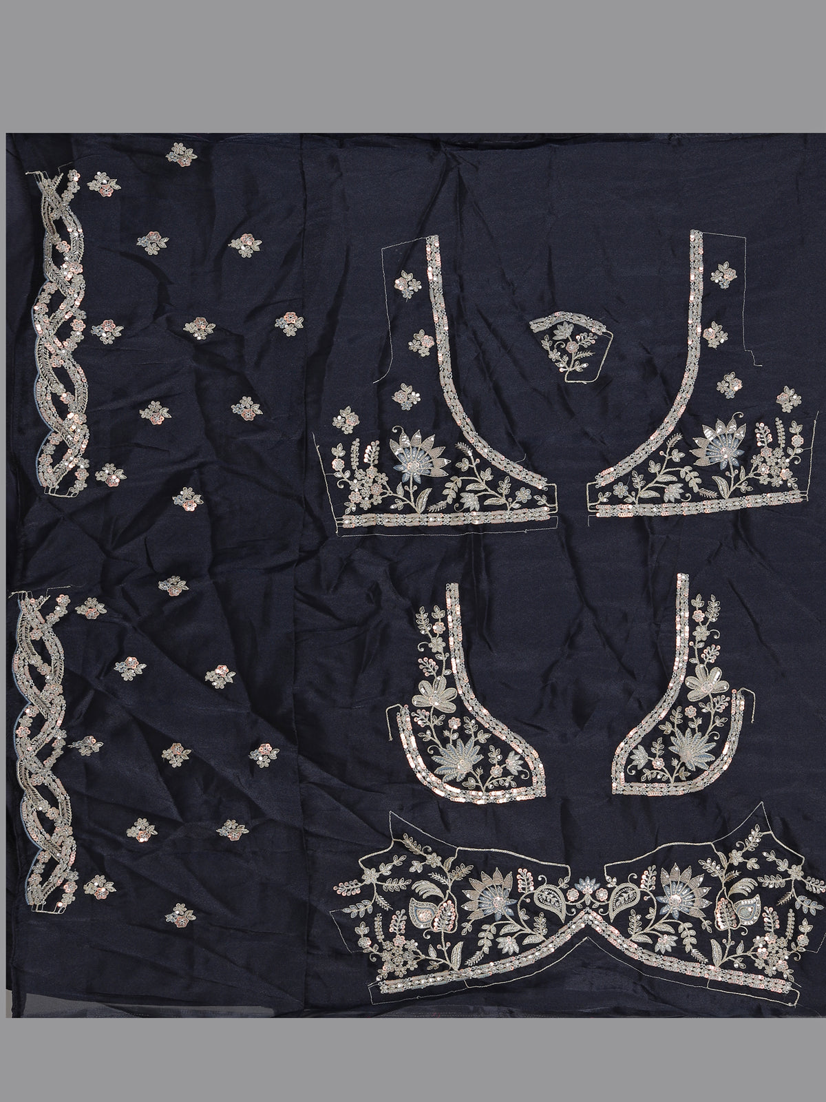 Navy blue silk lehenga choli adorned with floral stonework