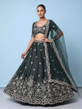 Peacock green silk lehenga choli with floral zardosi embellishments