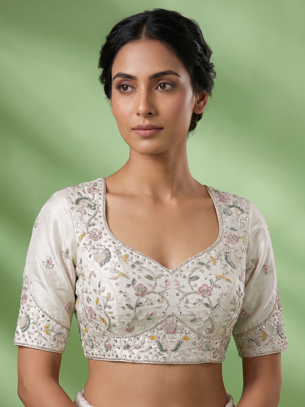 White silk lehenga choli featuring graceful birds and contrast dupatta