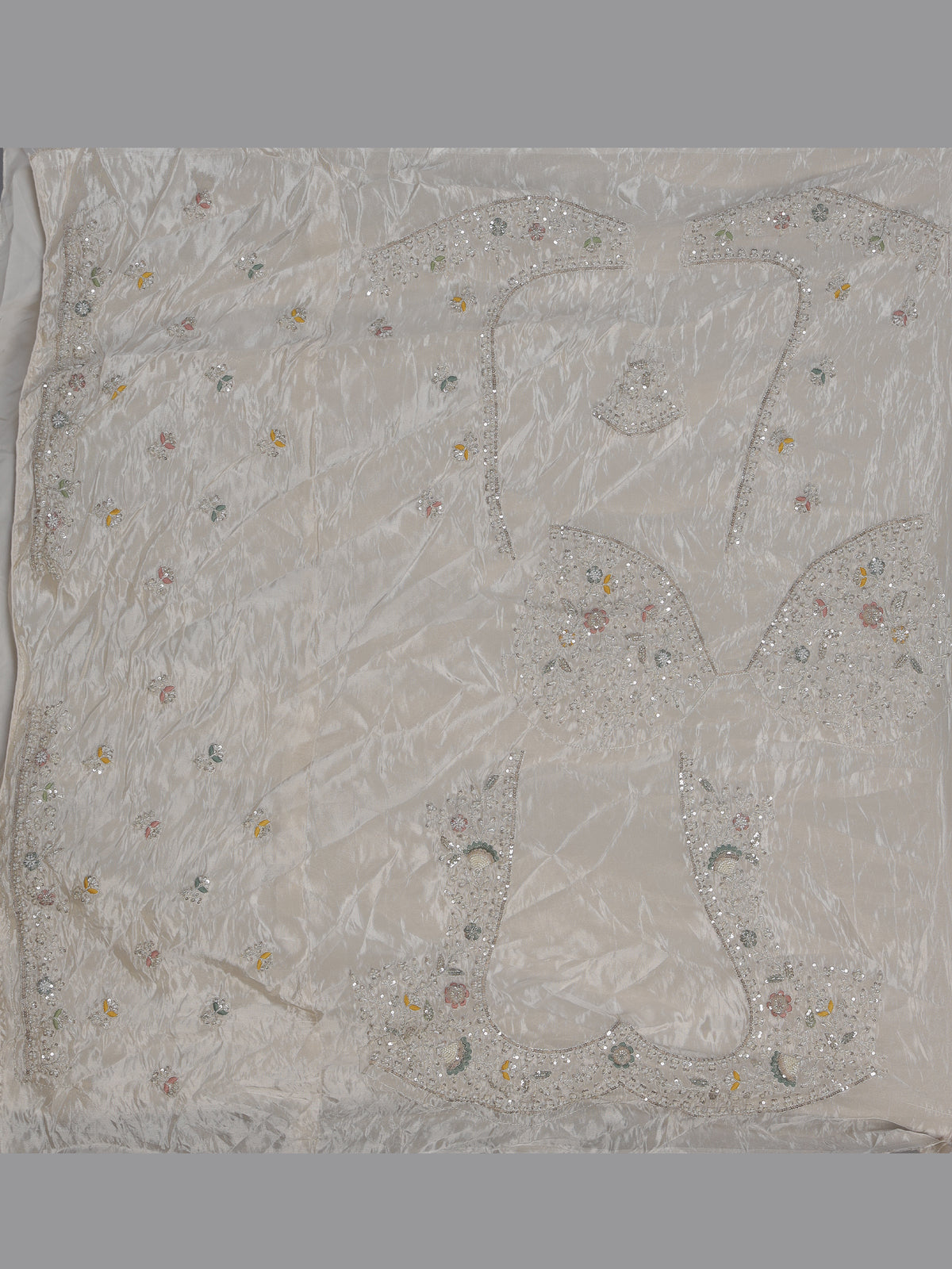 White silk lehenga choli featuring graceful birds and contrast dupatta