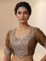Pastel brown tissue silk lehenga choli with mirror embellishments