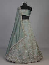 Pista green silk lehenga choli with elephant bird motifs