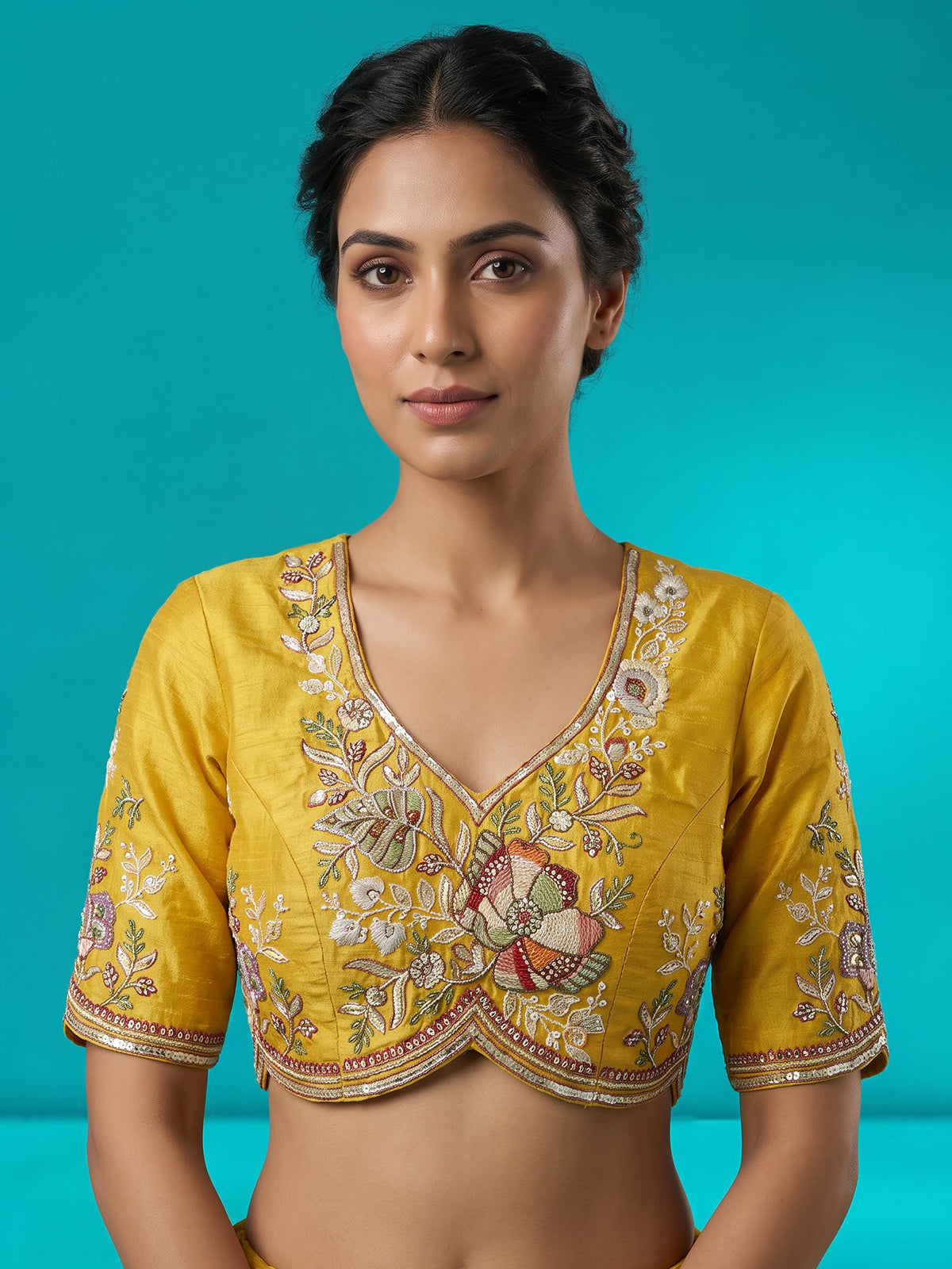Mustard yellow tissue silk lehenga choli with dazzling embellishments