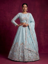 Mint blue tissue silk lehenga choli with enchanting motifs