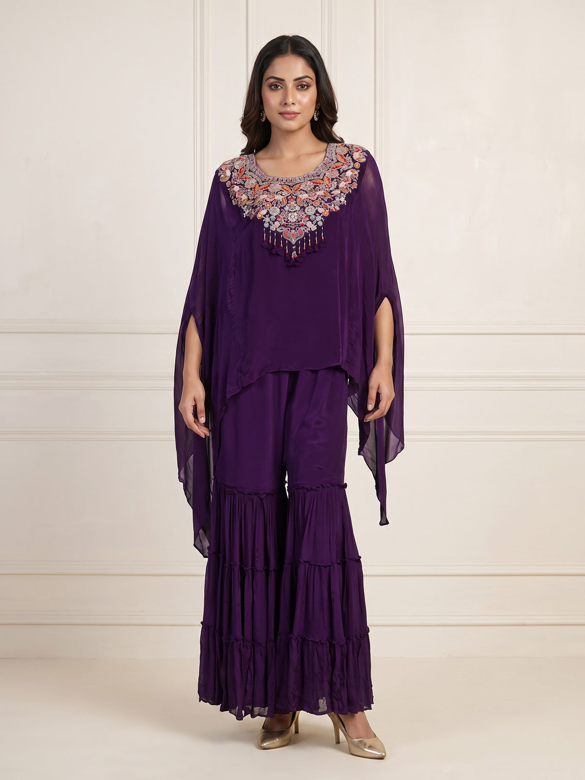 Purple designer kaftan style sharara suit for women