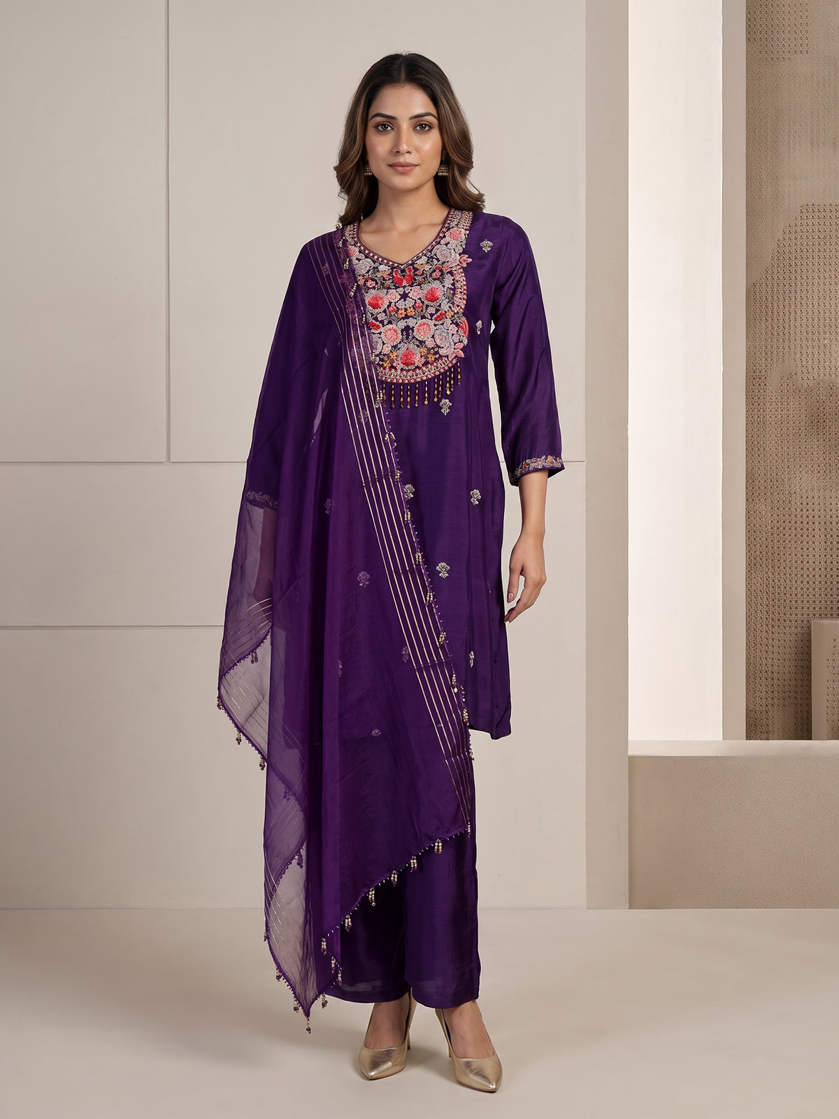 Purple embellished straight cut suit for women