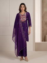 Purple embellished straight cut suit for women