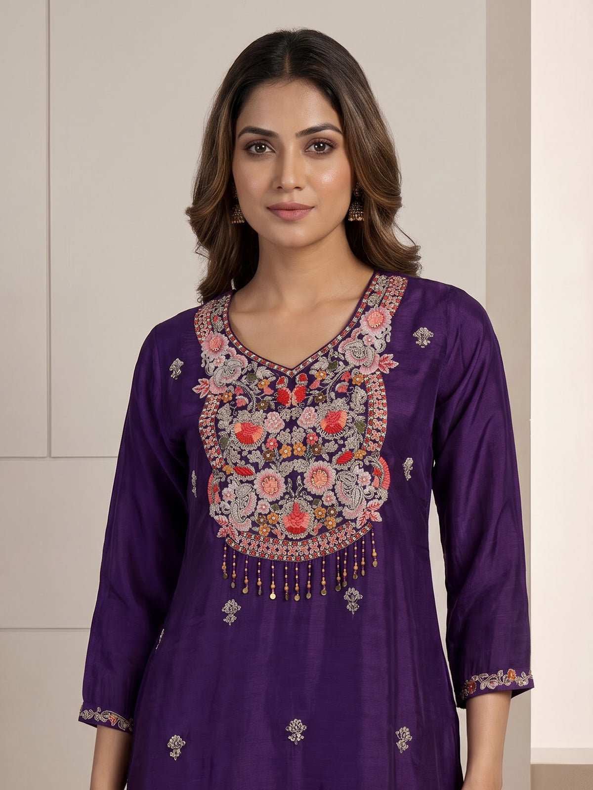Purple embellished straight cut suit for women