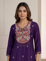 Purple embellished straight cut suit for women