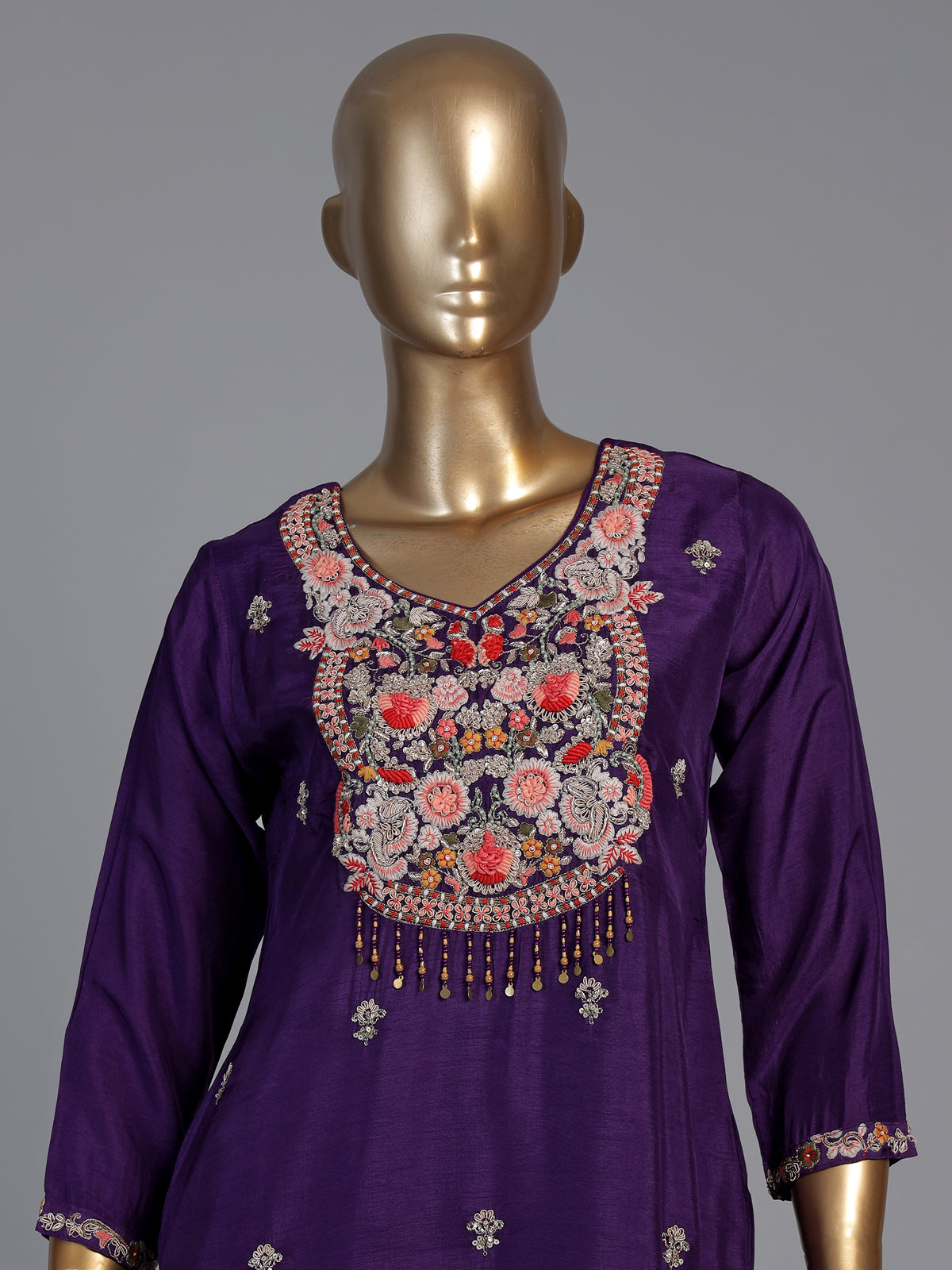 Purple embellished straight cut suit for women