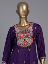 Purple embellished straight cut suit for women