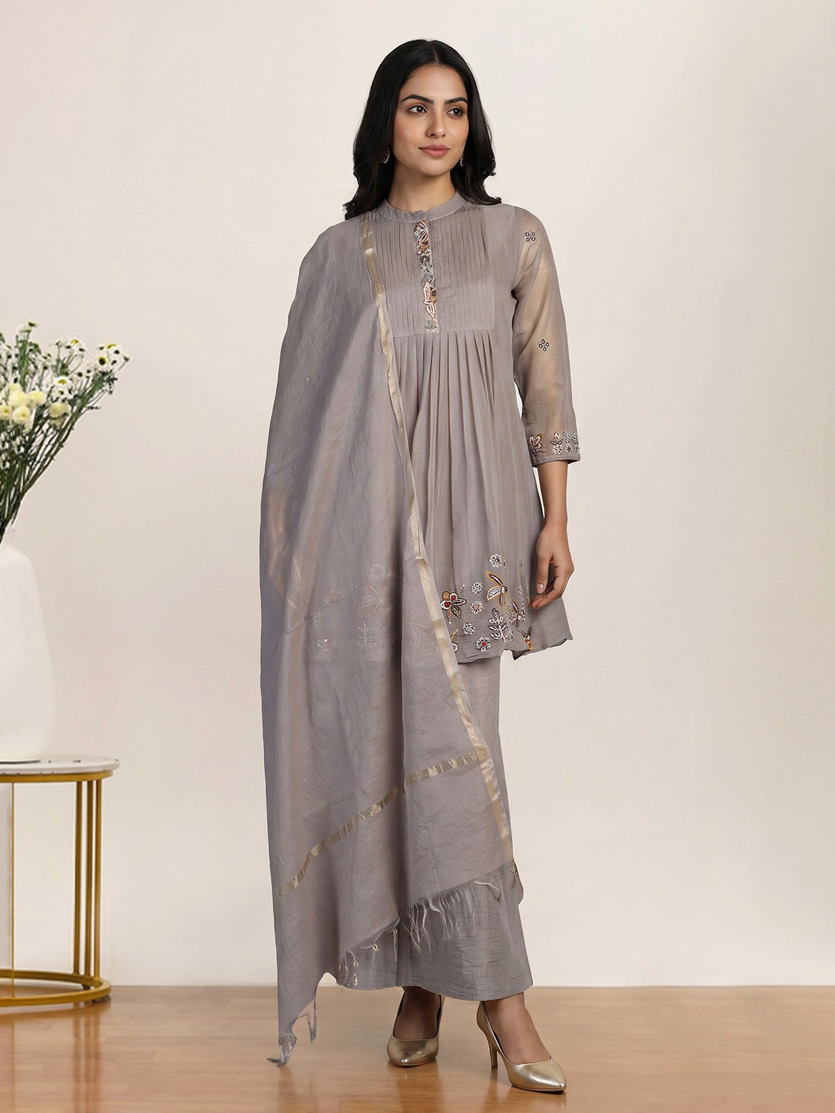 Grey embroidered cotton silk sharara suit for women