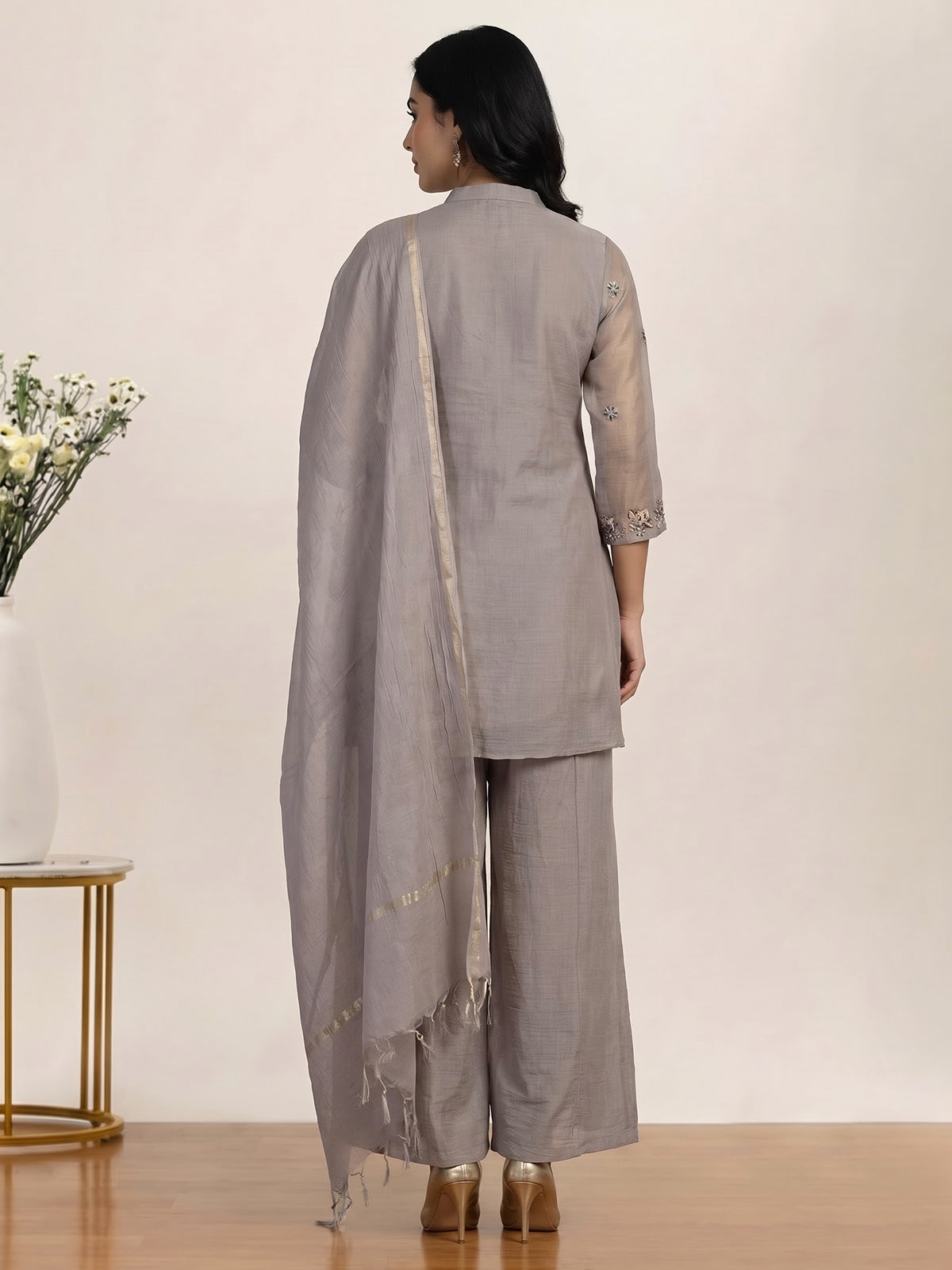 Grey embroidered cotton silk sharara suit for women