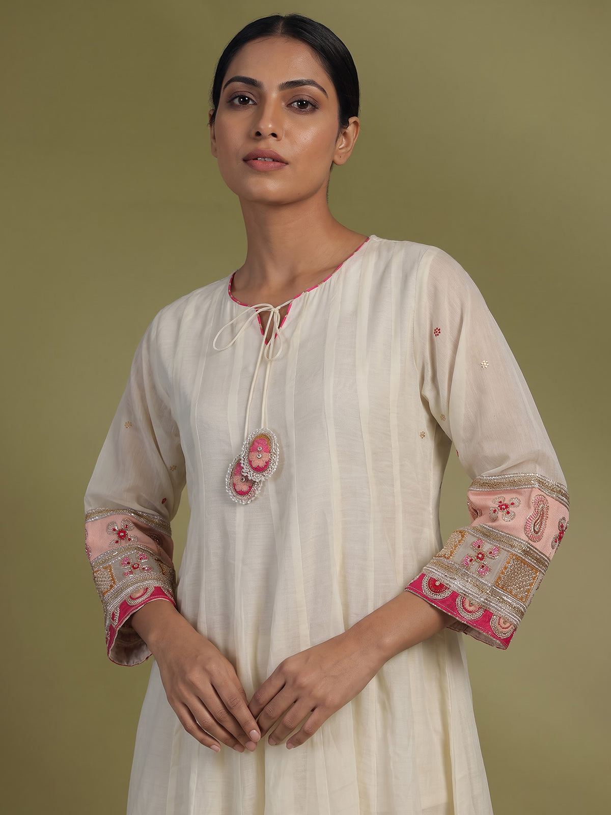 Cream embellished anarkali suit for women