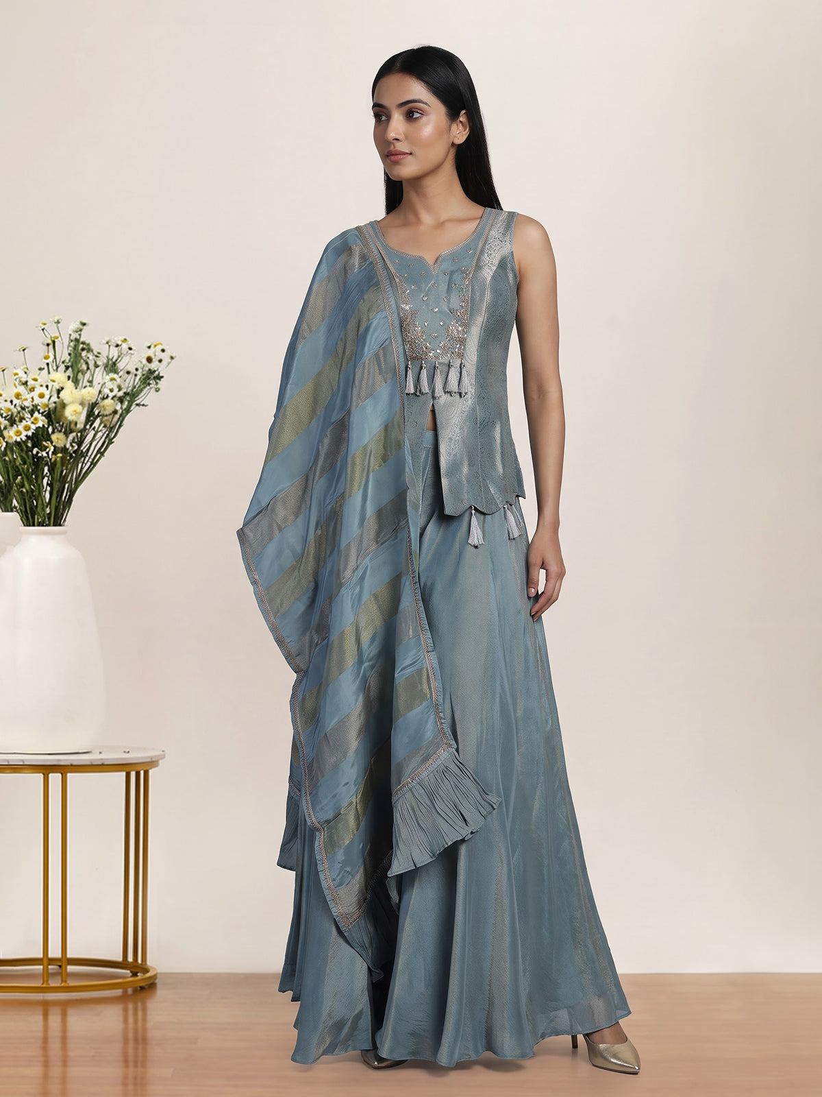 Blue embellished sleeveless sharara suit for women