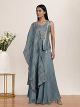 Blue embellished sleeveless sharara suit for women