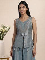Blue embellished sleeveless sharara suit for women