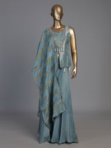 Blue embellished sleeveless sharara suit for women