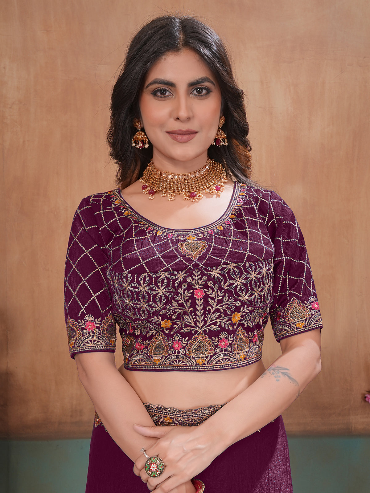 Wine majestic embroidered satin wedding saree