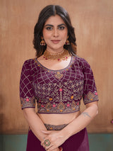 Wine majestic embroidered satin wedding saree