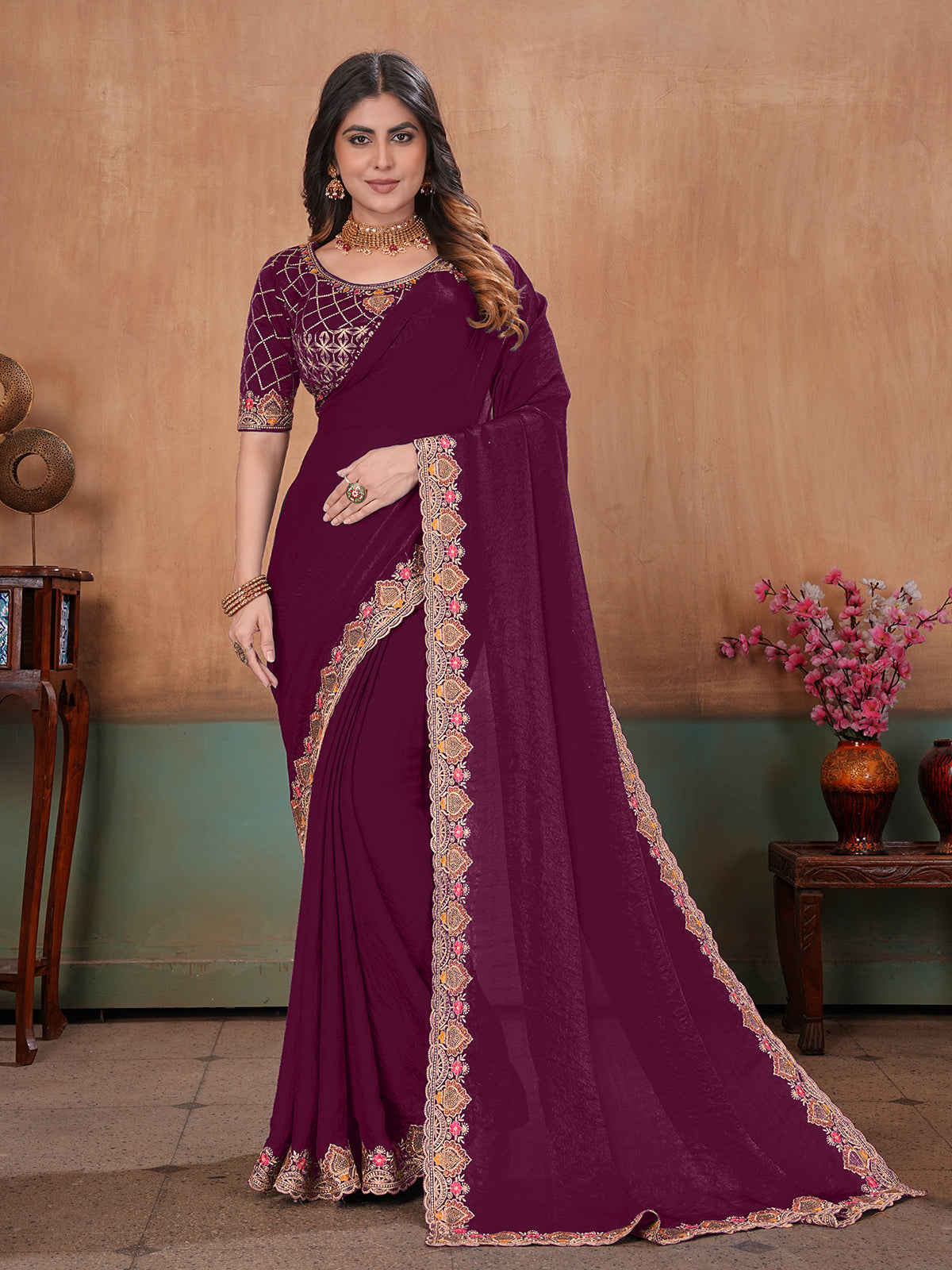 Wine majestic embroidered satin wedding saree