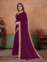 Wine majestic embroidered satin wedding saree