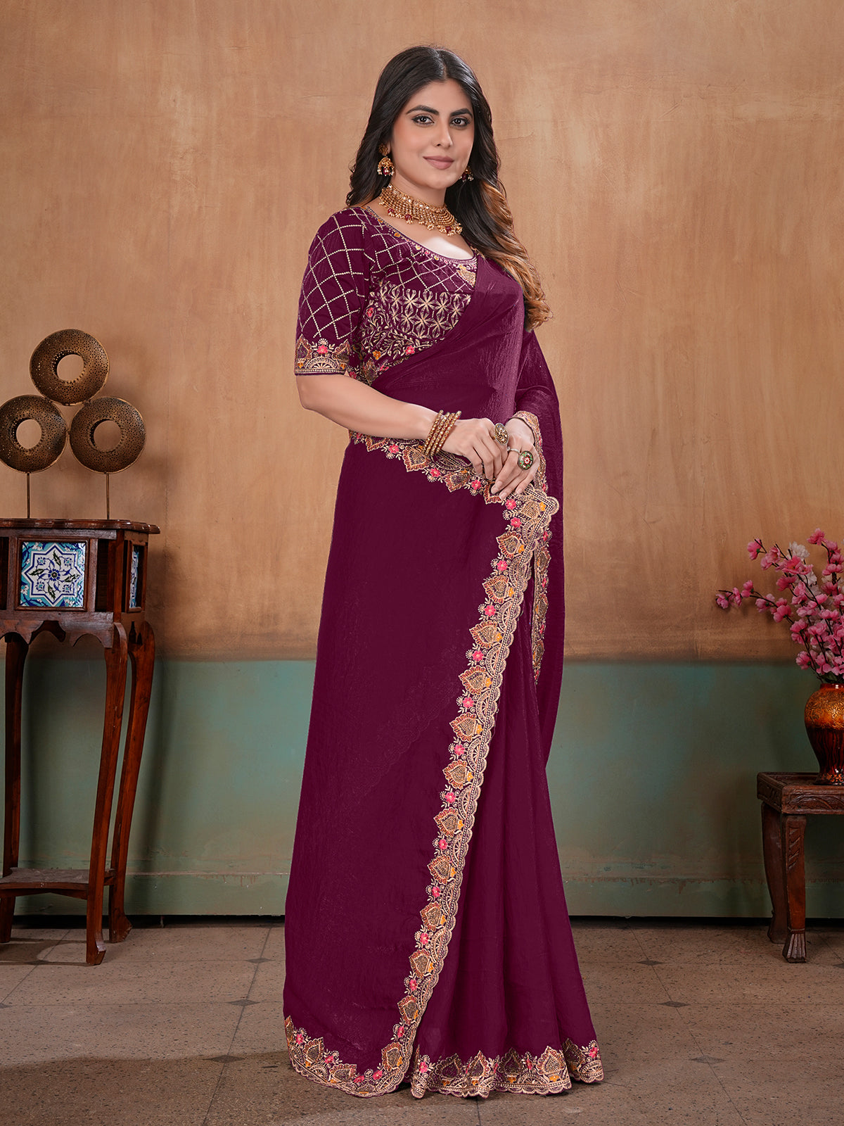 Wine majestic embroidered satin wedding saree