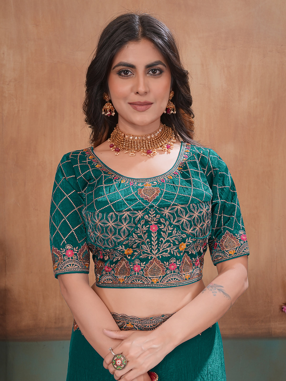 Teal green premium floral satin party saree