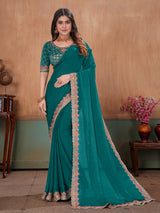Teal green premium floral satin party saree