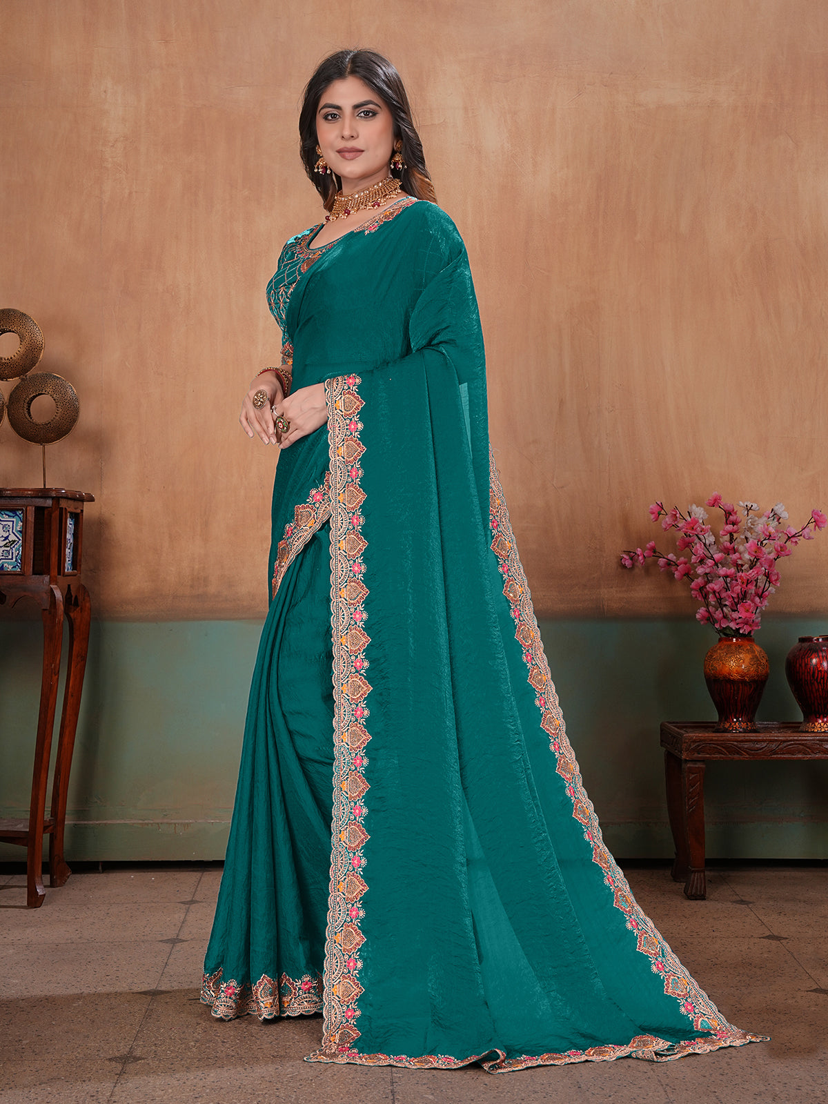 Teal green premium floral satin party saree