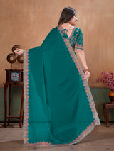 Teal green premium floral satin party saree