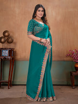 Teal green premium floral satin party saree
