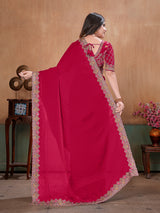 Rani pink royal embroidered satin designer saree