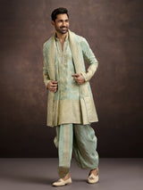Pista green zari embroidered mens kurta dhoti