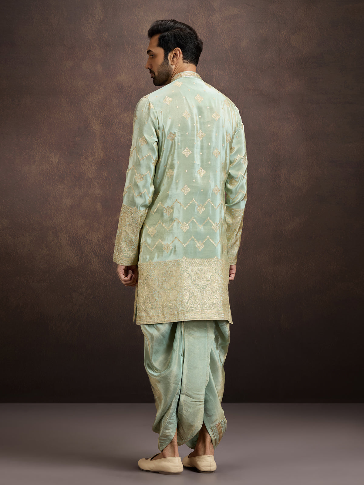 Pista green zari embroidered mens kurta dhoti