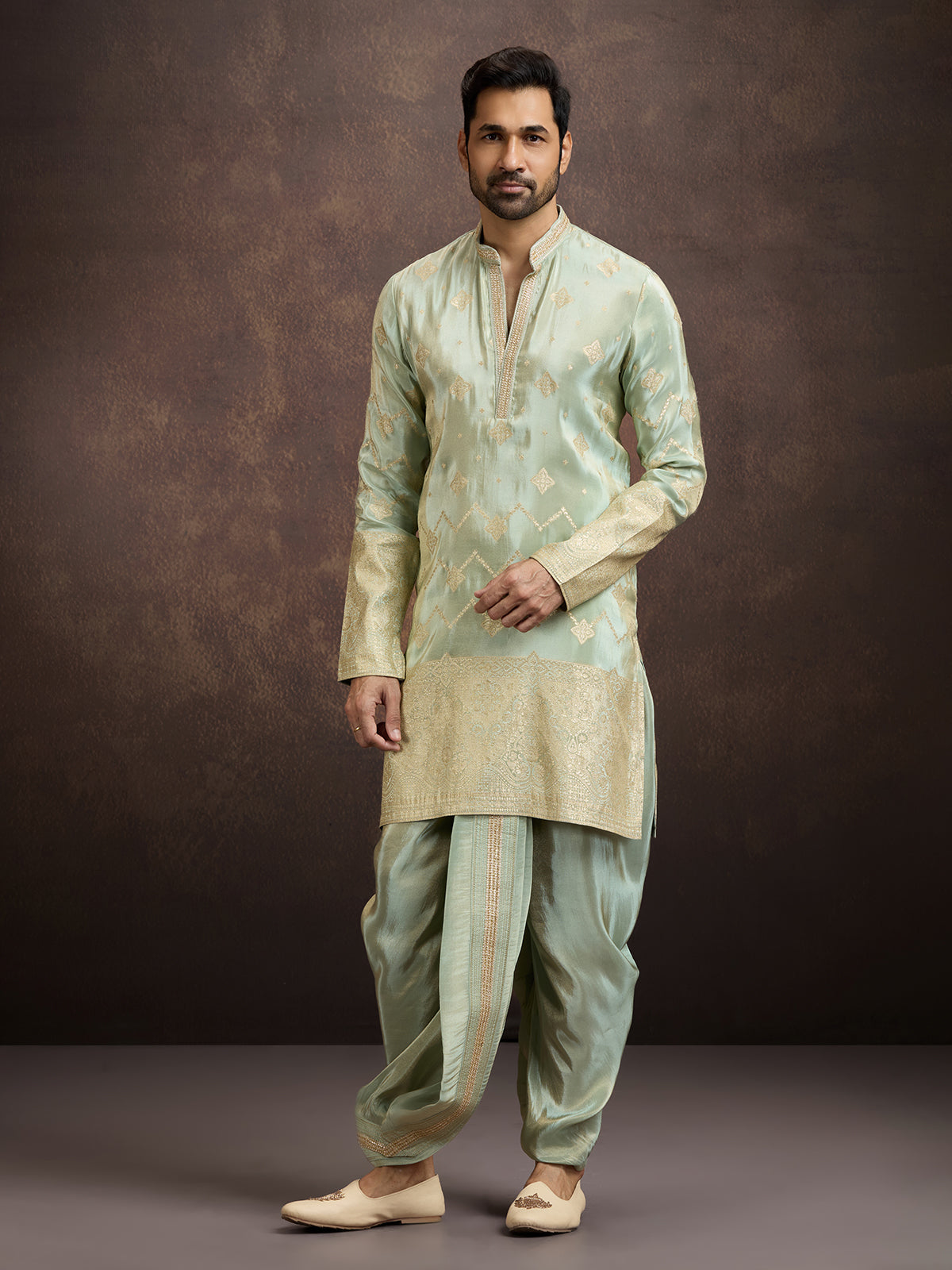 Pista green zari embroidered mens kurta dhoti