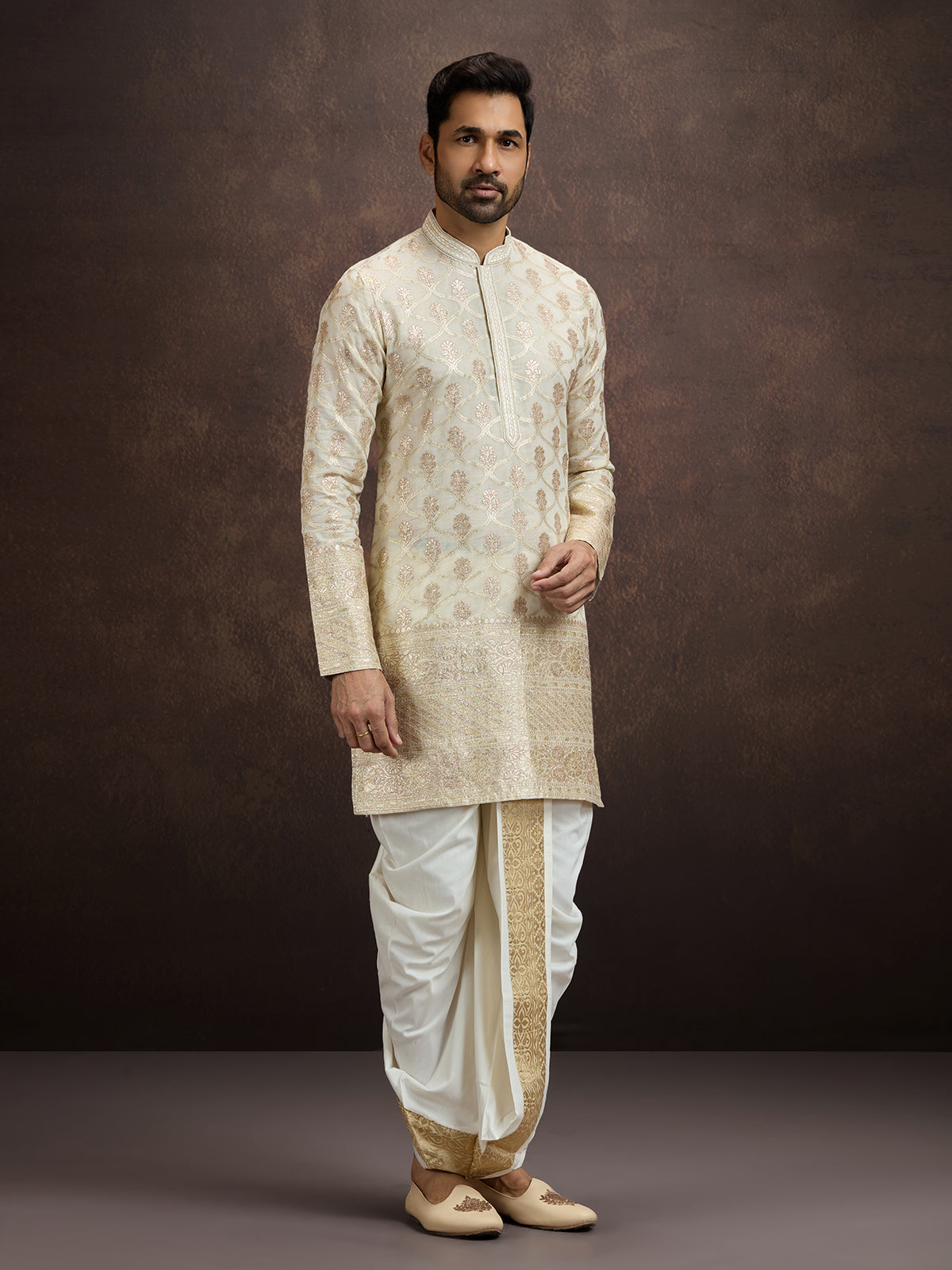 Ivory gold thread zari mens kurta dhoti