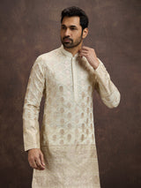 Ivory gold thread zari mens kurta dhoti