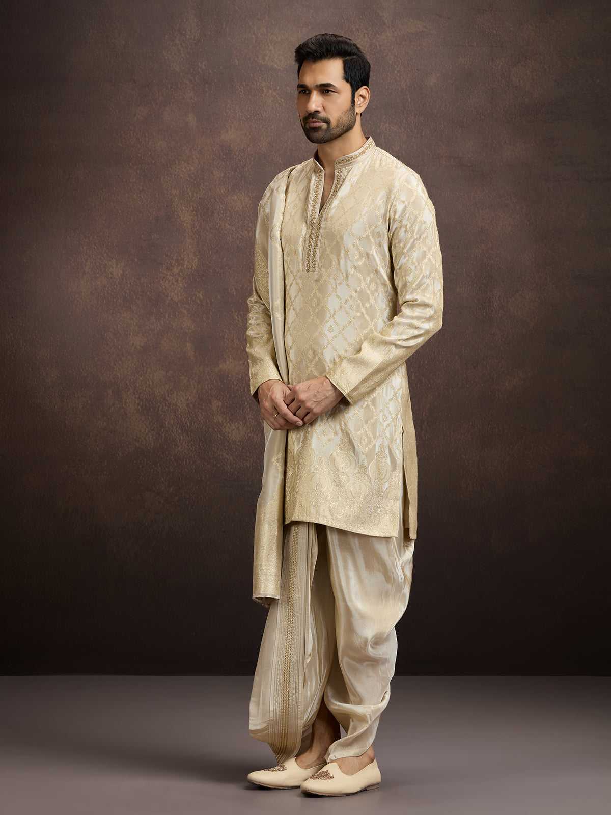 Cream zari zardosi embroidered mens kurta dhoti
