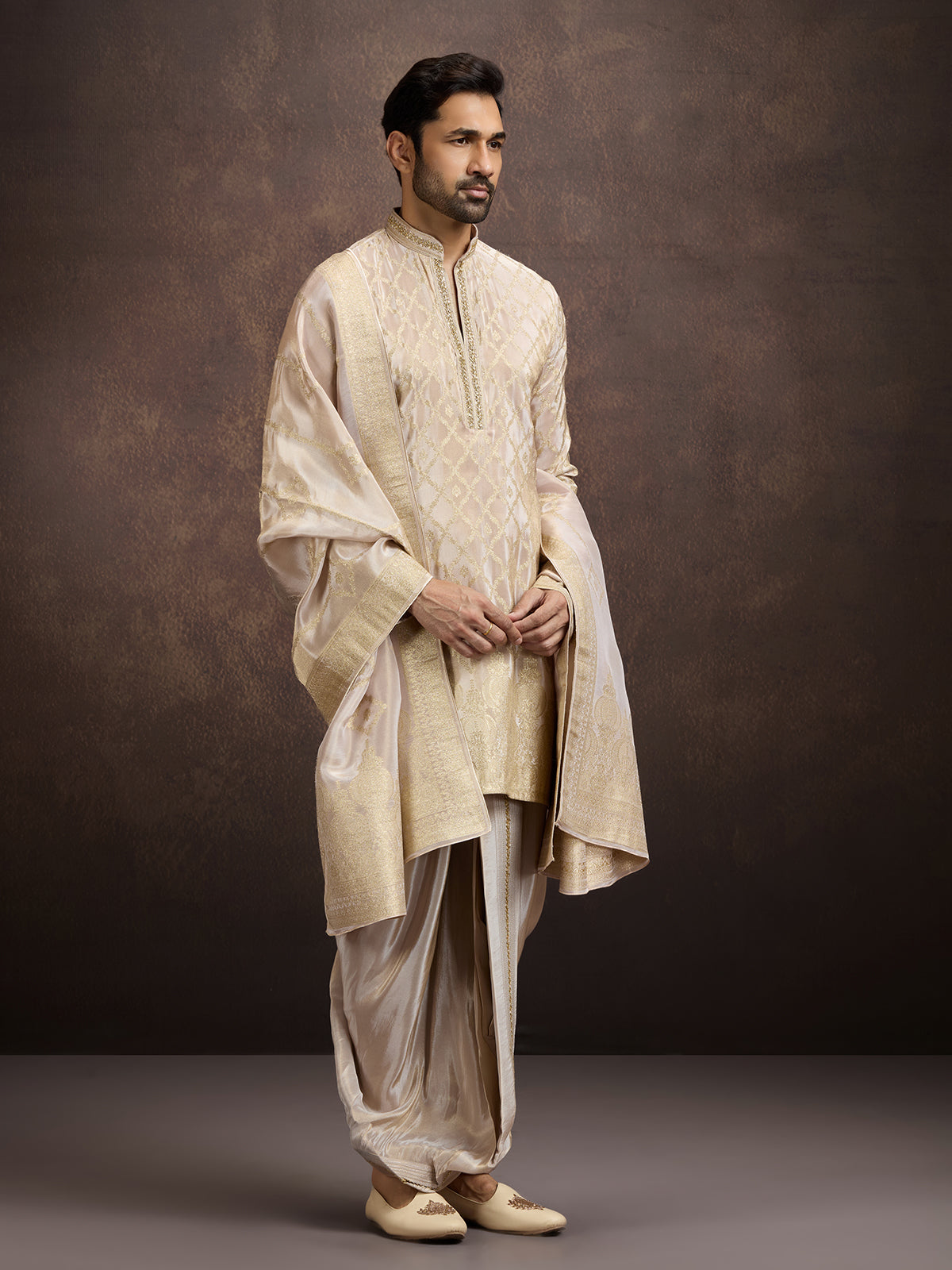 Gold zari zardosi embroidered mens kurta dhoti