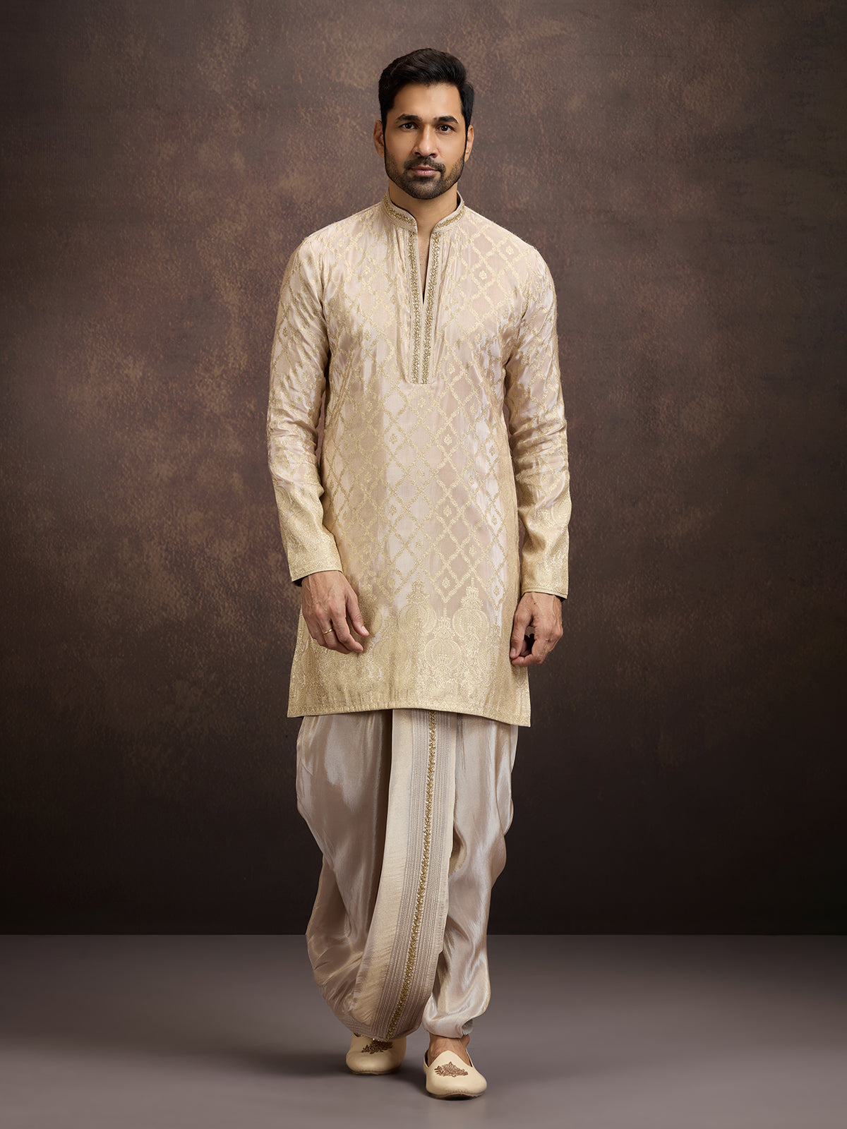 Gold zari zardosi embroidered mens kurta dhoti