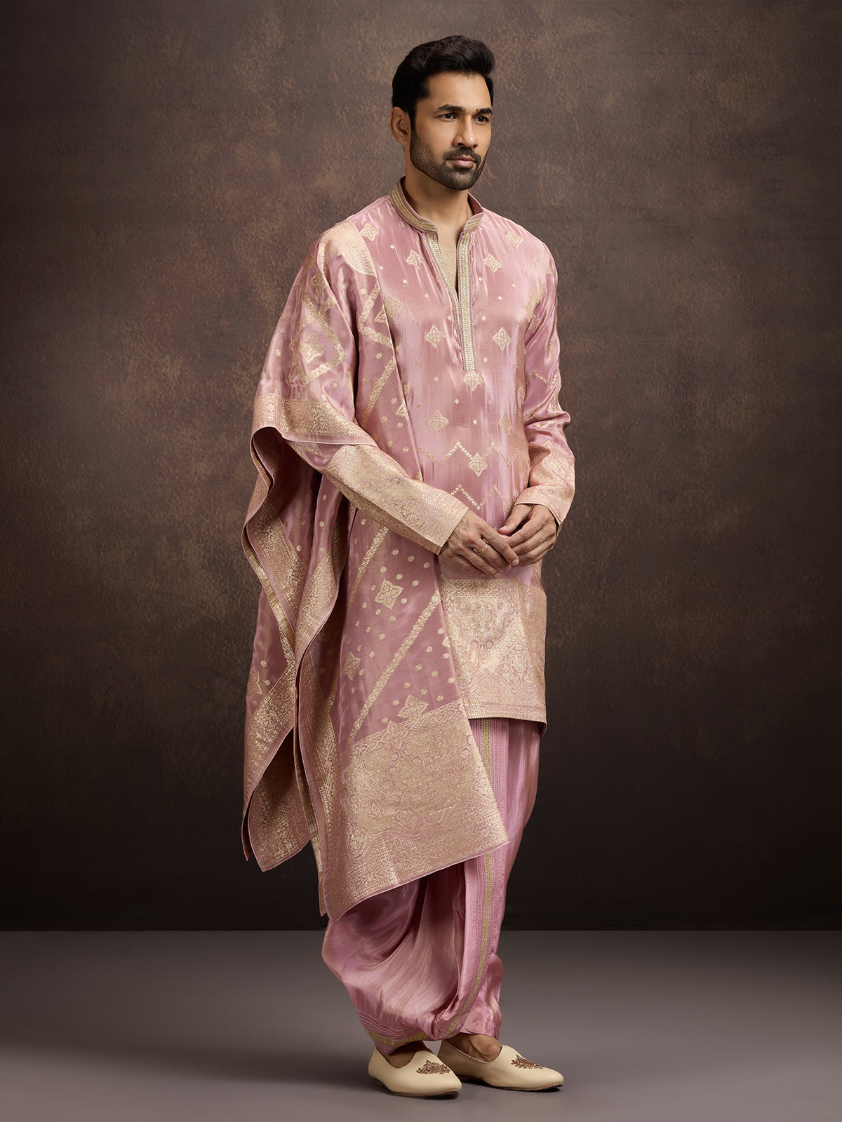 Pink zari embroidered mens kurta dhoti