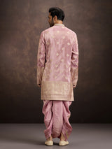 Pink zari embroidered mens kurta dhoti