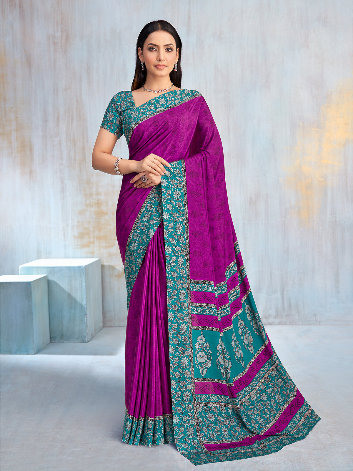 Purple floral printed contrast border and pallu elegant saree