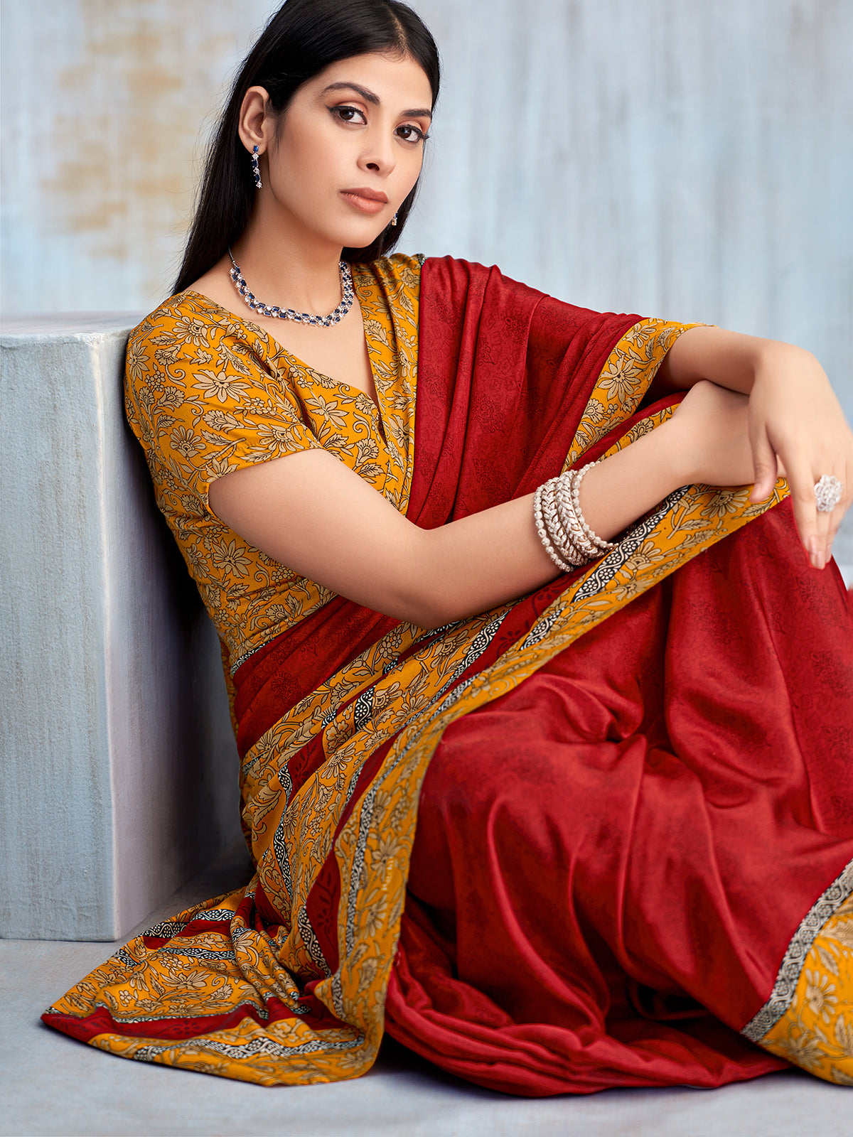 Red floral printed contrast border and pallu casual saree