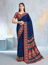 Blue floral printed contrast border and pallu crepe saree